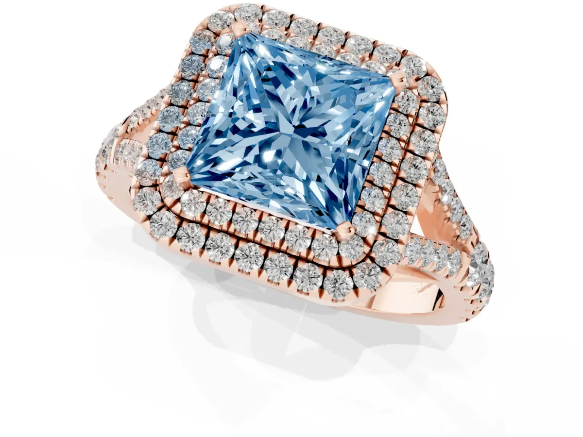 Fancy Blue Princess Cut Diamond Double Halo Ring with Split Shank and Prong Setting Rose gold