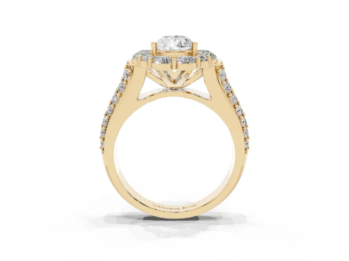 Pear Cut Halo Diamond Engagement Ring with Split Shank and Prong Setting Yellow gold