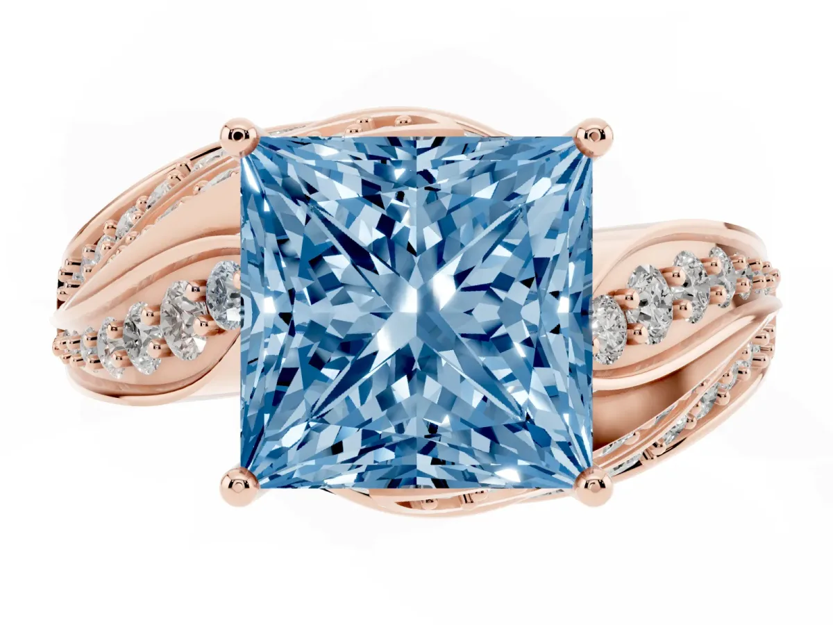 Fancy Blue Princess Cut Diamond Solitaire Ring with Prong Setting and Twisted Pavé Band Rose gold