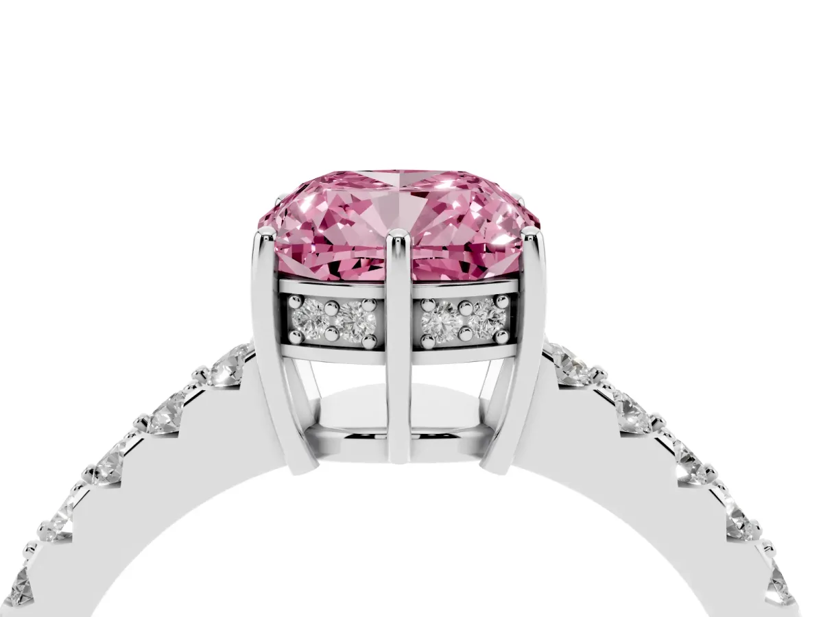 Fancy Pink Cushion Cut Solitaire Diamond Engagement Ring with Pavé Band and Six-Prong Setting White gold