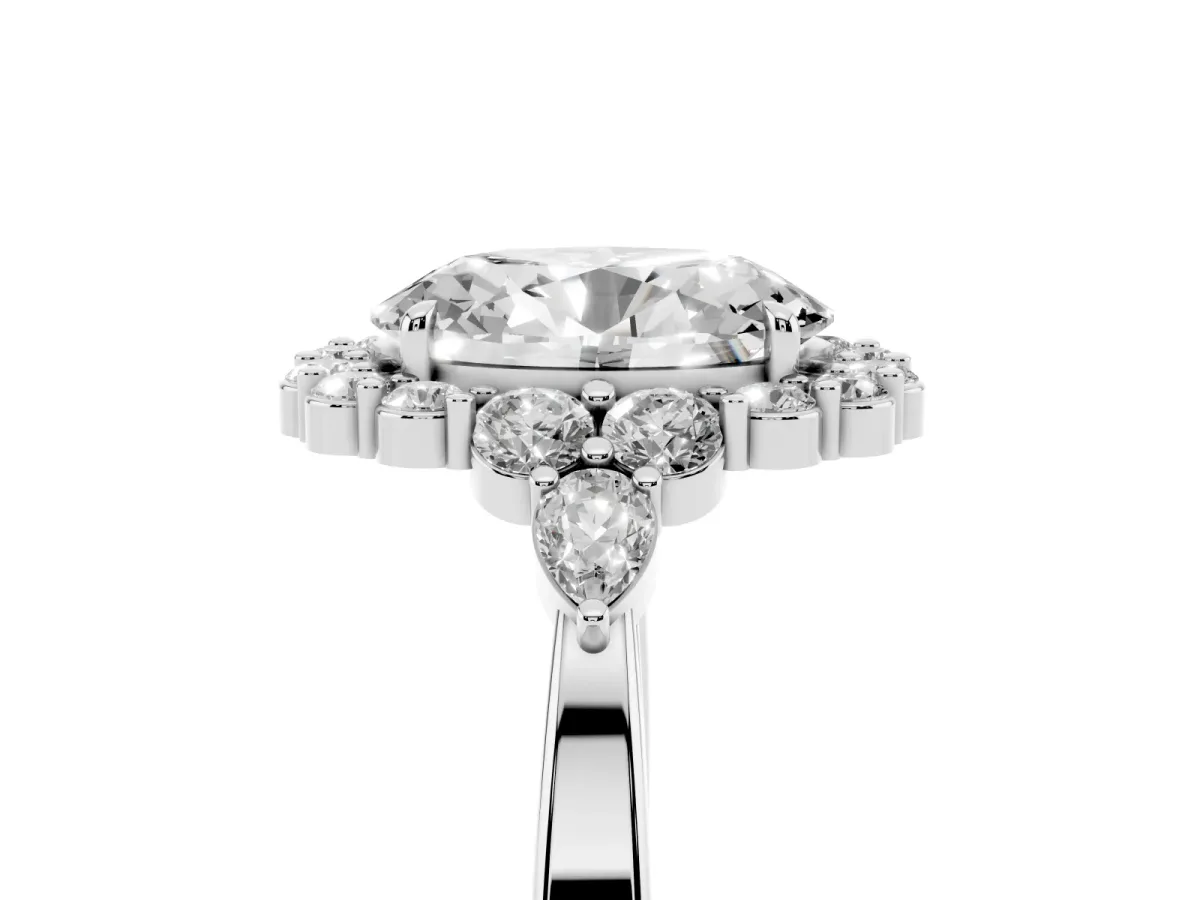 Oval Cut Diamond Halo Ring with Pear Side Stones and Prong Setting Silver