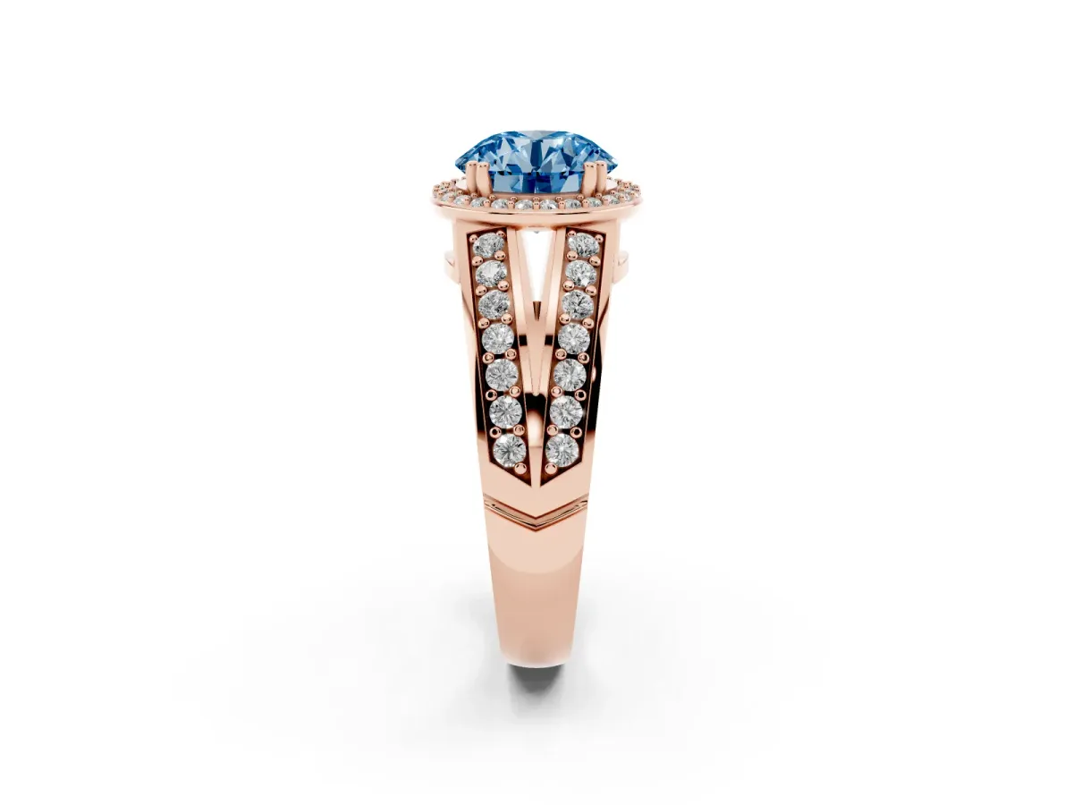 Fancy Blue Round Cut Diamond Halo Ring with Split Shank Pavé Band and Four-Prong Setting Rose gold