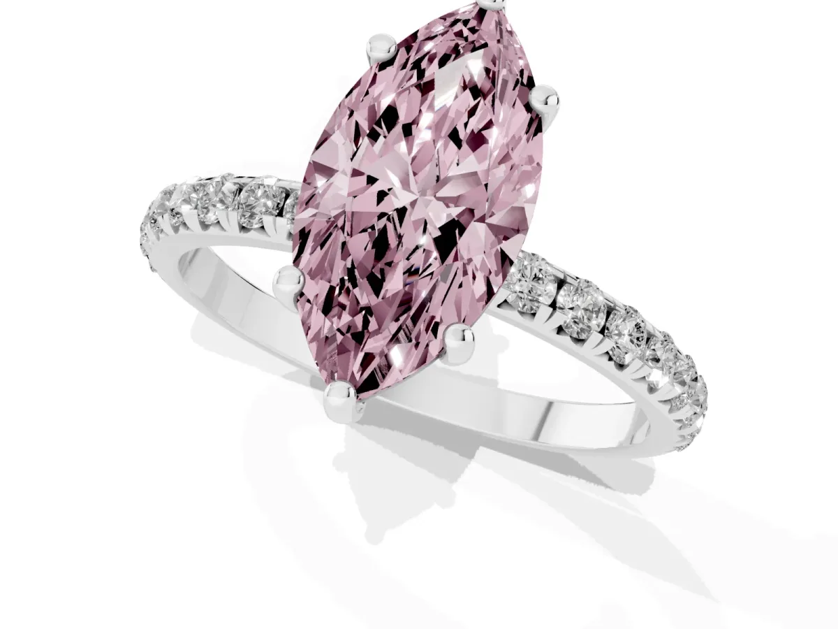 Fancy Pink Marquise Cut Cut Diamond Solitaire Ring with Micro Pave Band and Four Prong Setting Silver