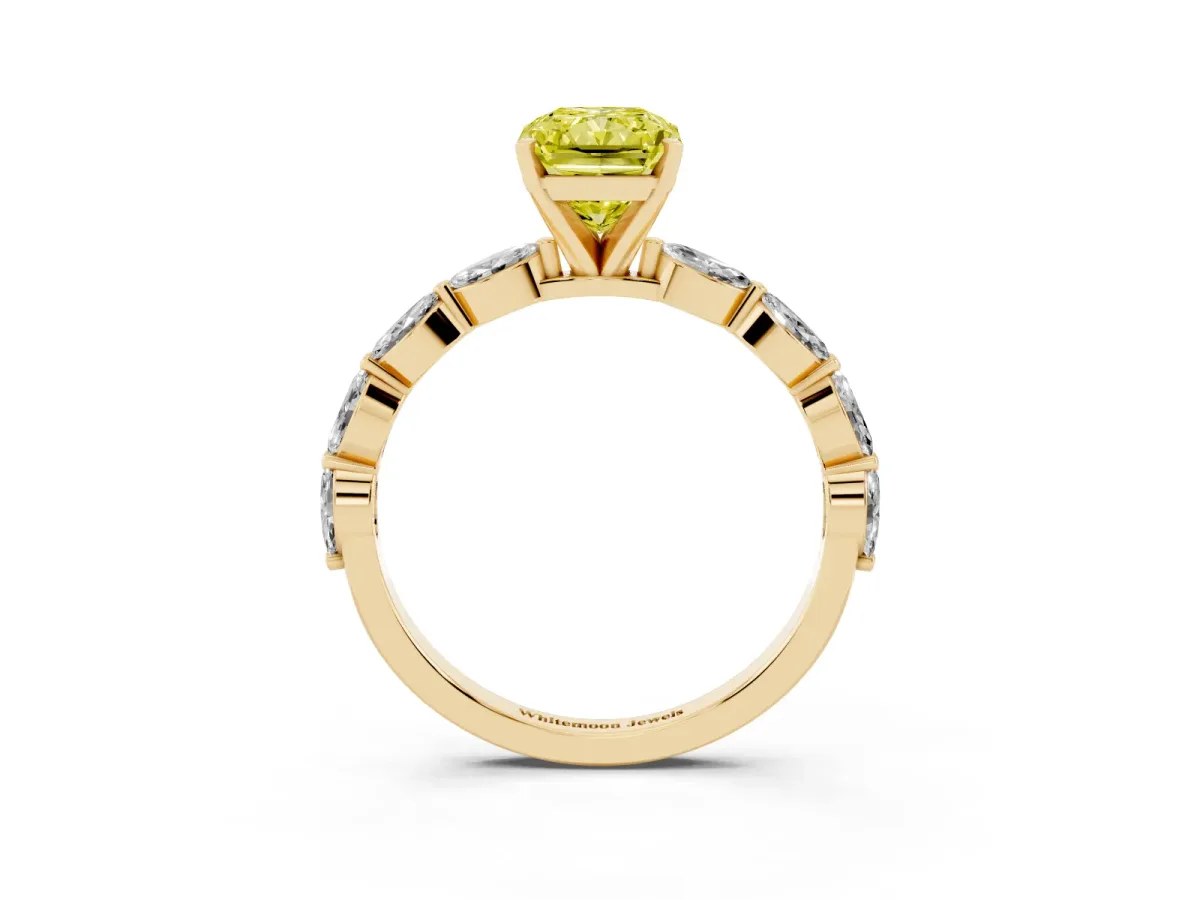 Fancy Yellow Radiant Cut Diamond Ring with Marquise Side Stones and Prong Setting Yellow gold