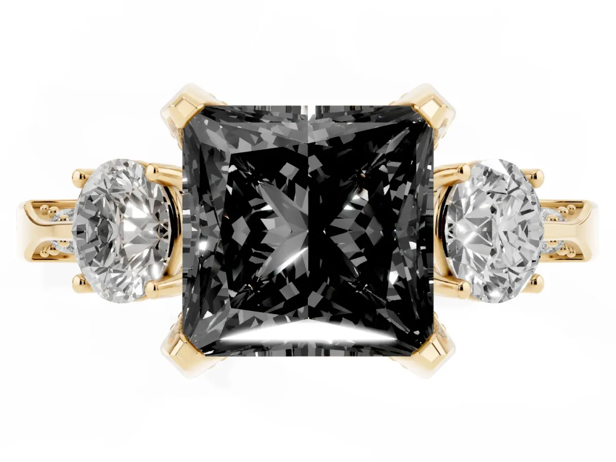 Fancy Black Princess Cut Brilliant Three-Stone Diamond Ring with Pavé Band and Four-Prong Setting Yellow gold