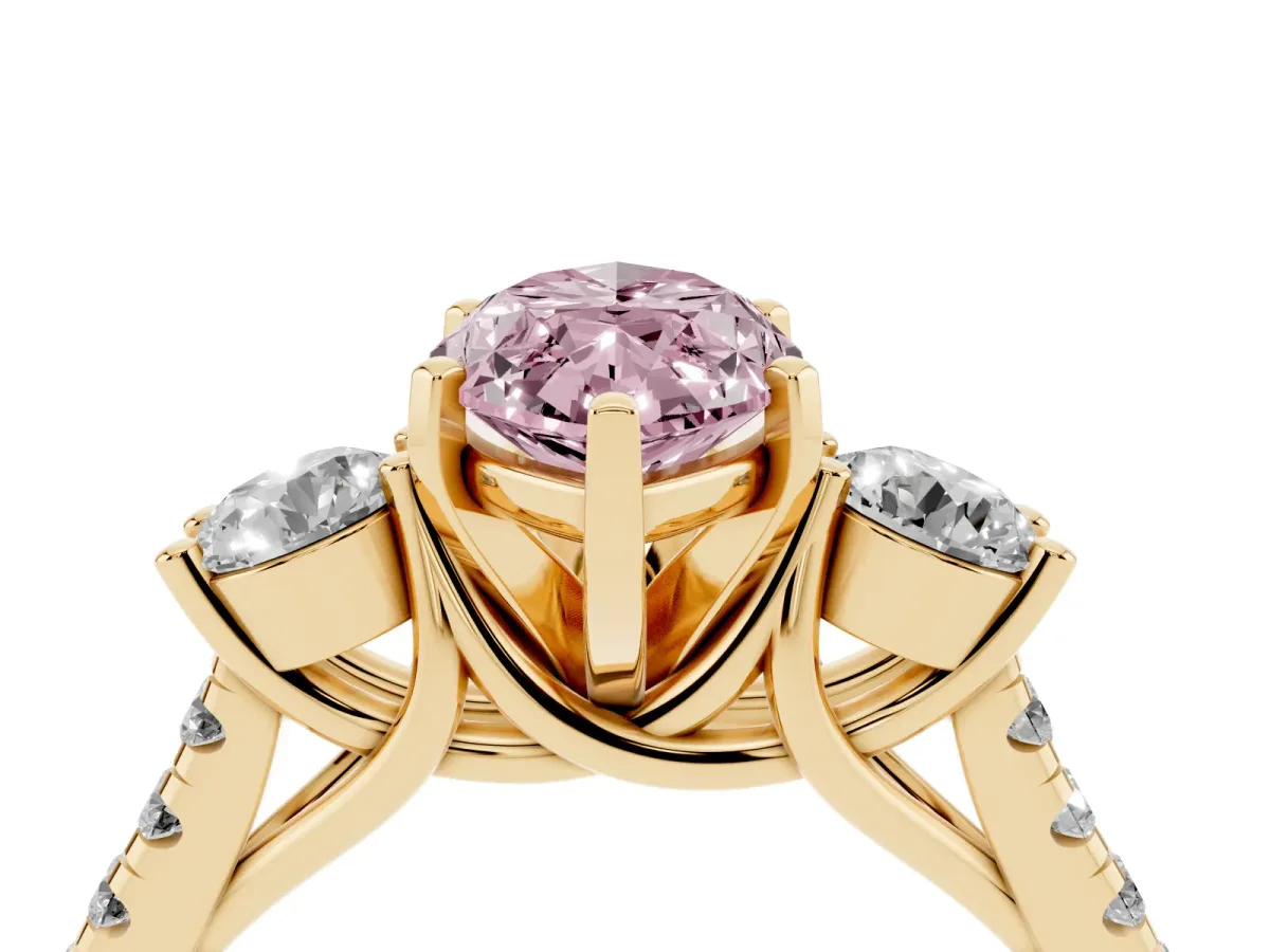 Fancy Pink Three-Stone Marquise Cut Diamond Pavé Band with Four-Prong Setting Yellow gold
