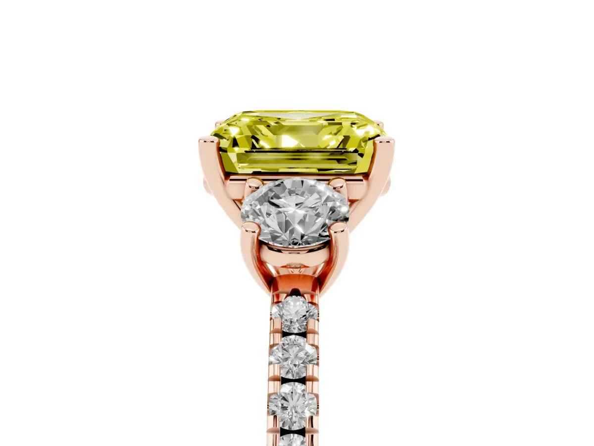 Fancy Yellow Three-Stone Asscher Cut Cut Diamond Pavé Band with Prong Setting Rose gold