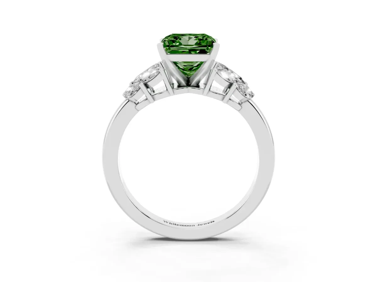 Fancy Green Princess Cut Diamond Cluster Leaf Design Ring with Prong Setting White gold