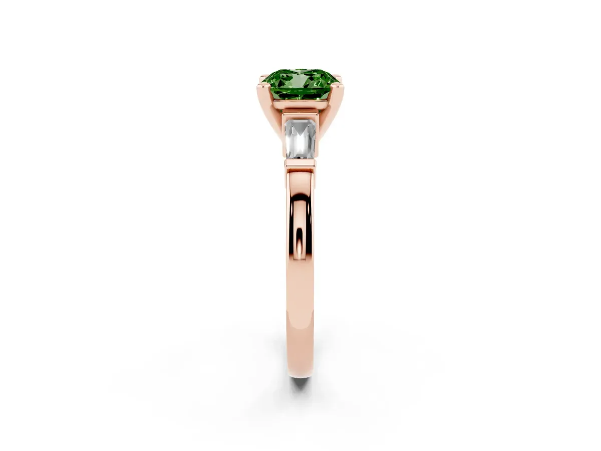 Fancy Green Cushion Cut Cut Diamond Solitaire Ring with Tapered Baguette Accents and Four-Prong Setting Rose gold