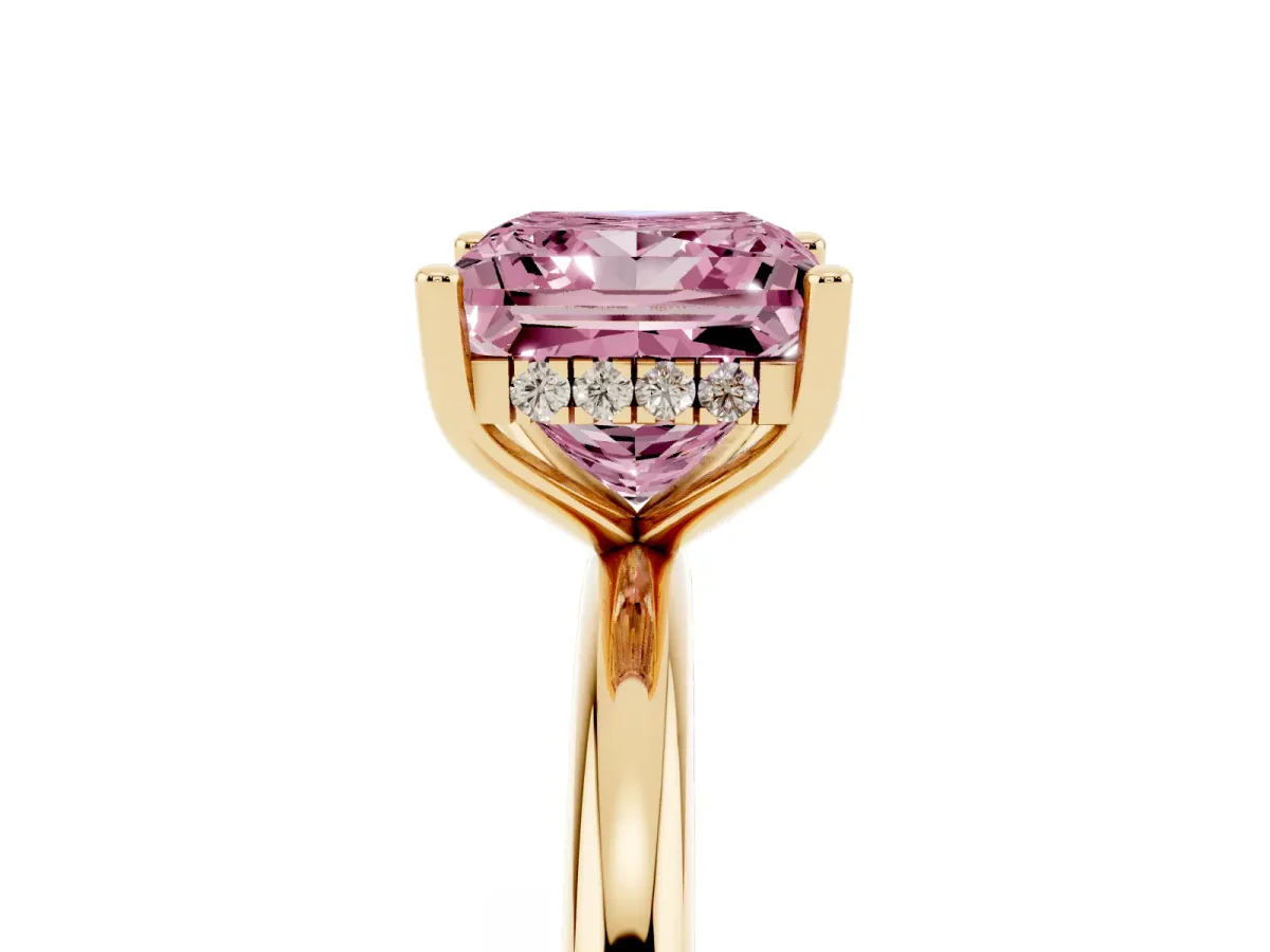 Fancy Pink Princess Cut Cut Solitaire Engagement Ring with Four-Prong Setting and Classic Band Yellow gold
