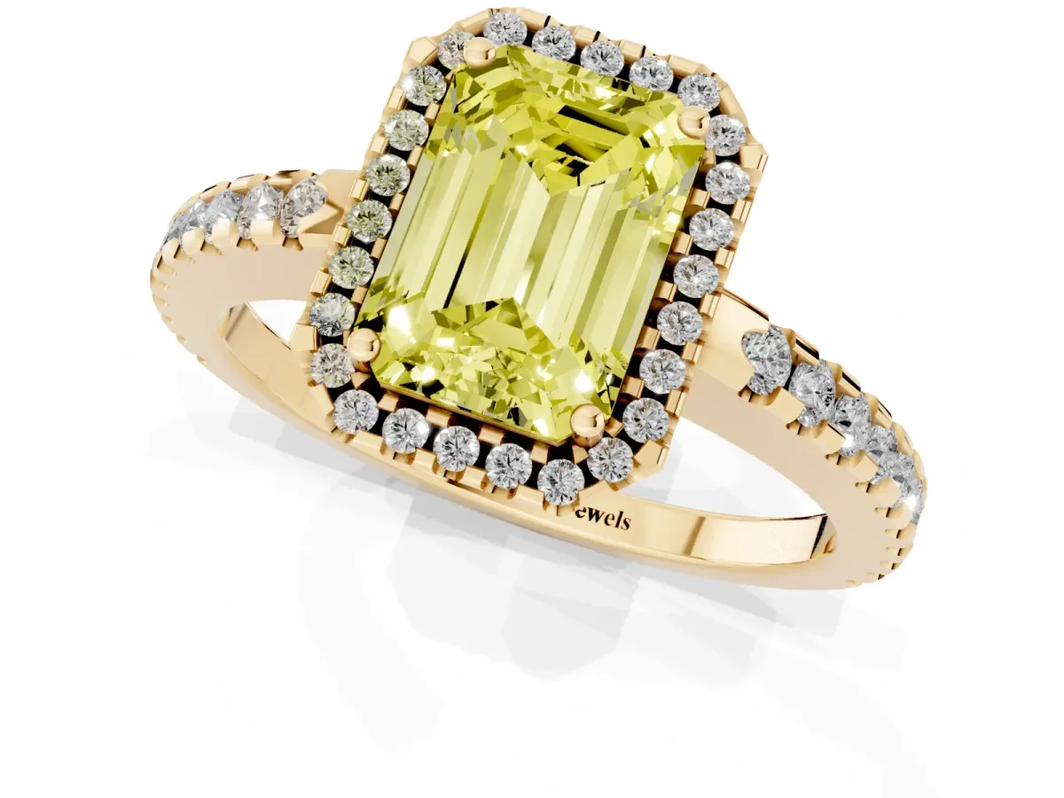 Fancy Yellow Emerald Cut Diamond Halo Engagement Ring with Pavé Band and Prong Setting Yellow gold