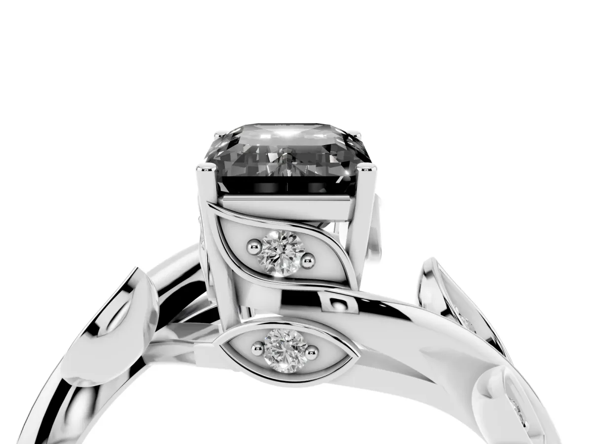 Fancy Black Emerald Cut Solitaire Twist Engagement Ring with Leaf Accents and Prong Setting Silver