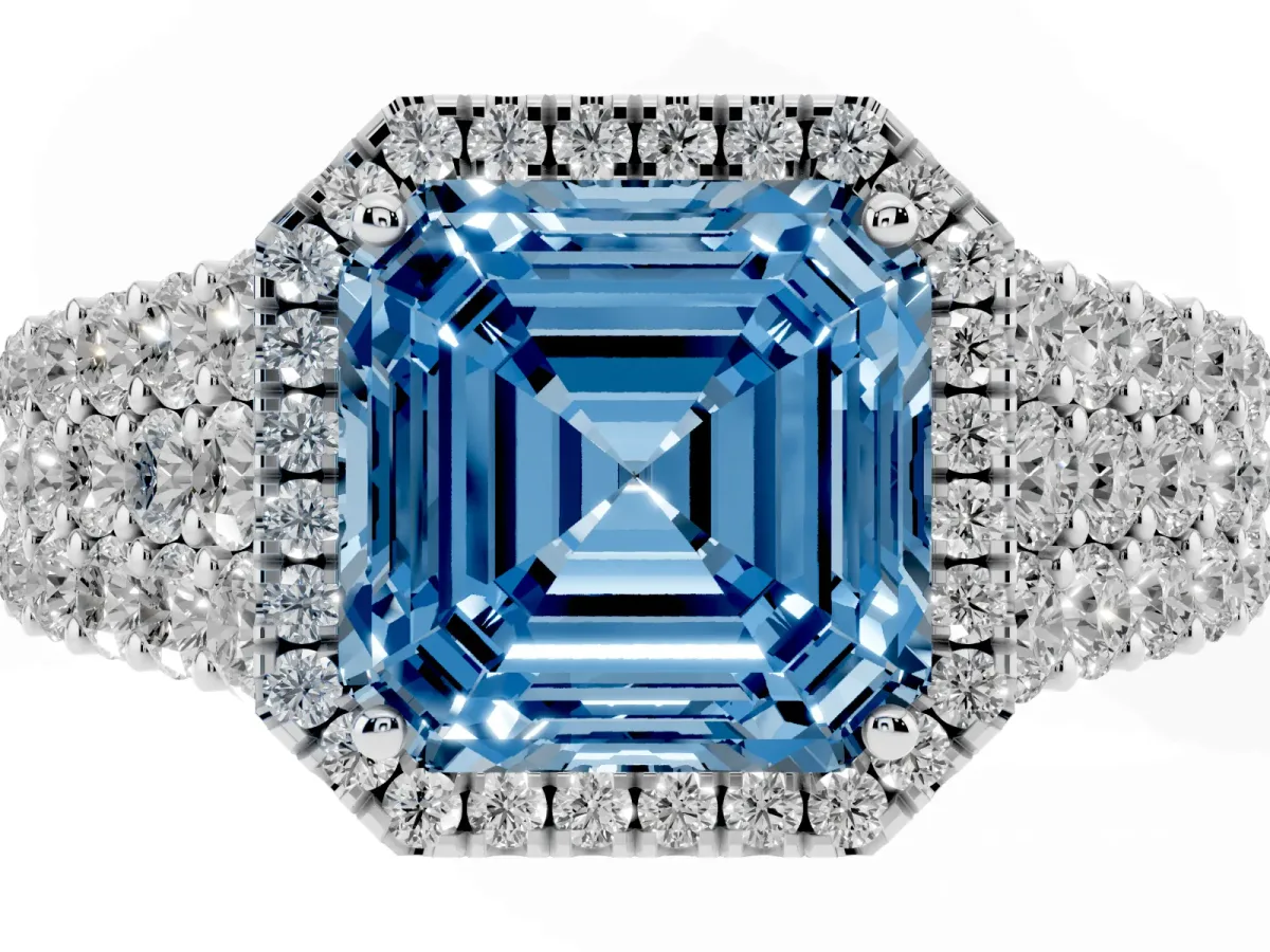 Fancy Blue Asscher Cut Diamond Halo Engagement Ring with Triple Row Round Pavé Band and Prong Setting Platinum