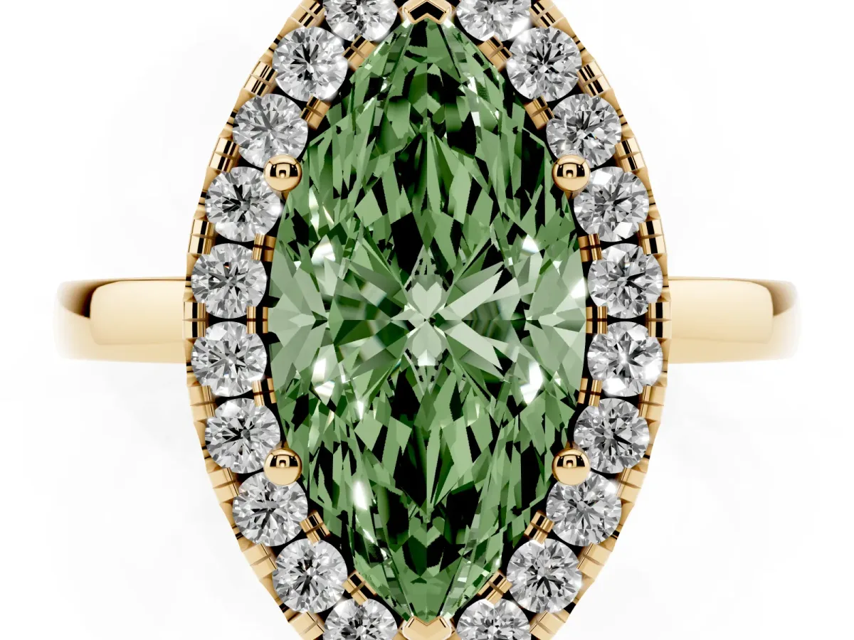 Fancy Green Marquise Cut Halo Diamond Solitaire with Pavé Band and Four-Prong Setting Yellow gold