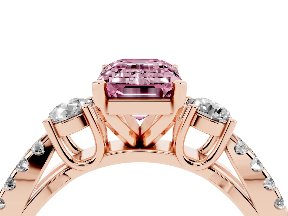 Fancy Pink Emerald Cut Diamond Three-Stone Ring with Pavé Split Shank and Four-Prong Setting Rose gold