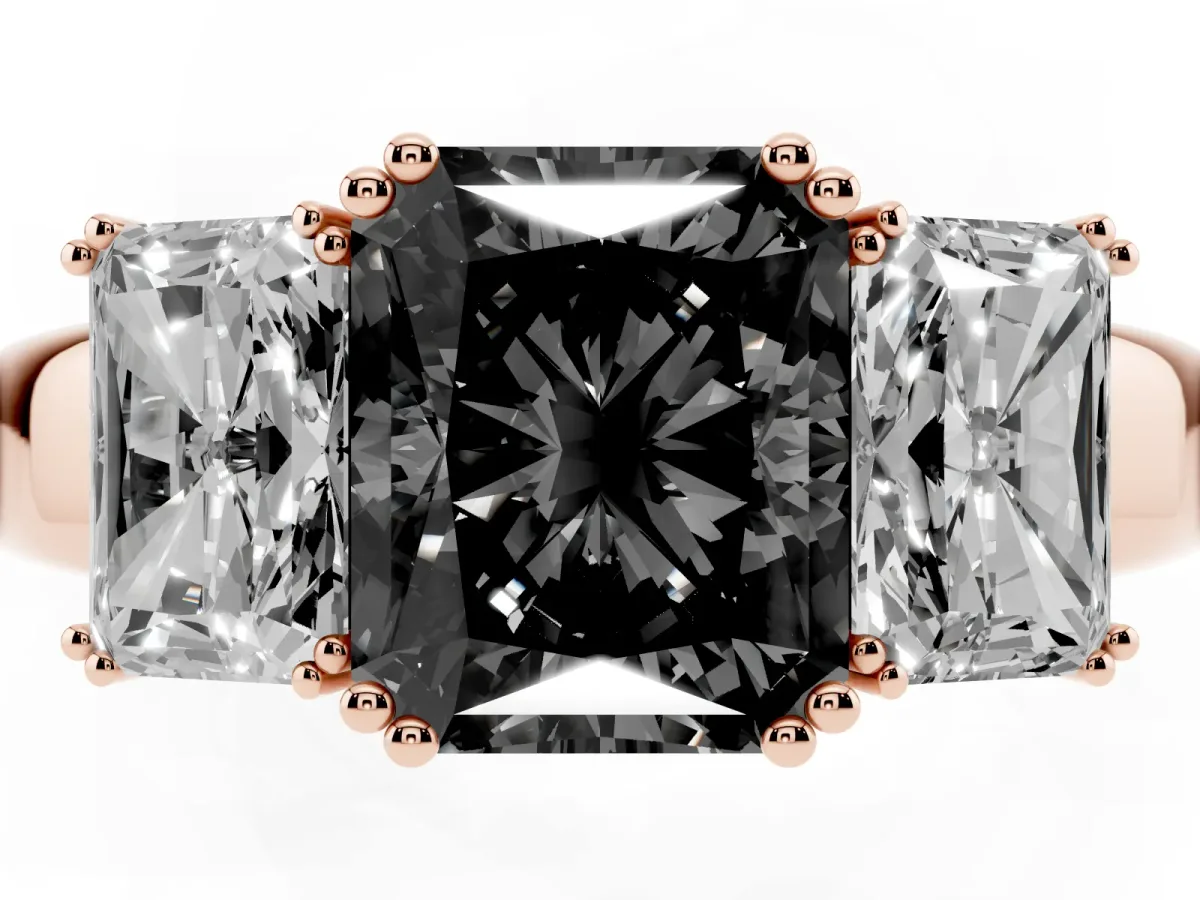 Fancy Black Three-Stone Radiant Cut Cut Diamond Ring with Channel Set Band and Four-Prong Setting Rose gold