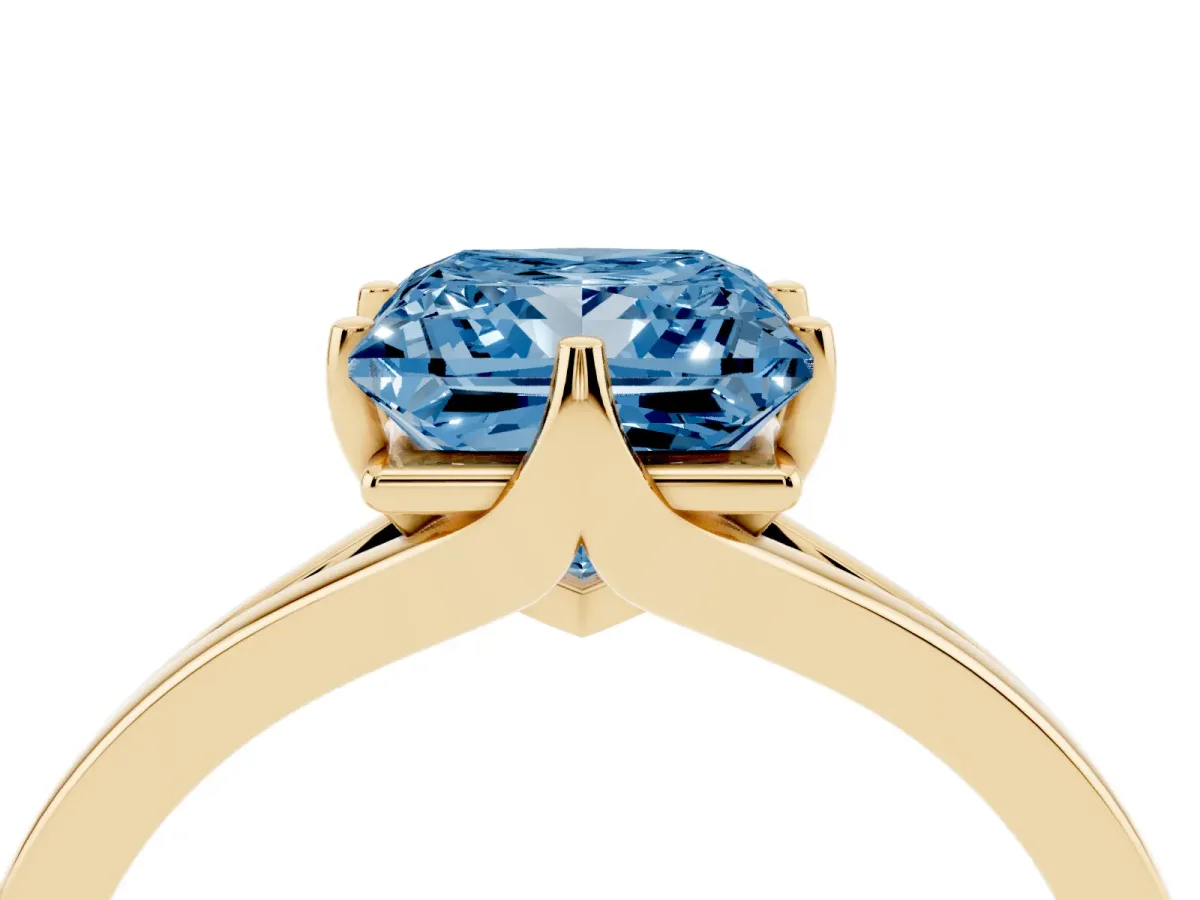 Fancy Blue Princess Cut Solitaire Diamond Ring with Six-Prong Setting and Tapered Band Yellow gold