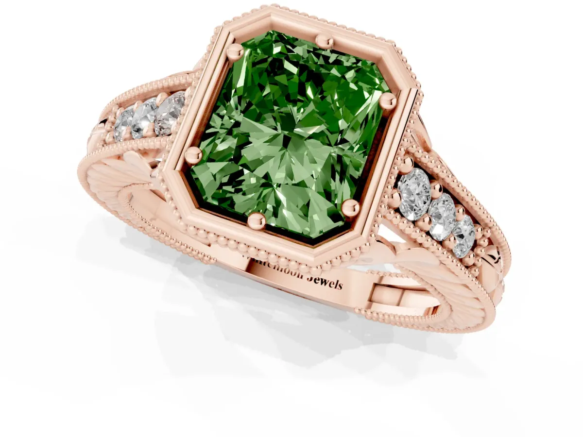 Fancy Green Bezel Set Radiant Cut Diamond Milgrain Pave Engagement Ring Rose gold