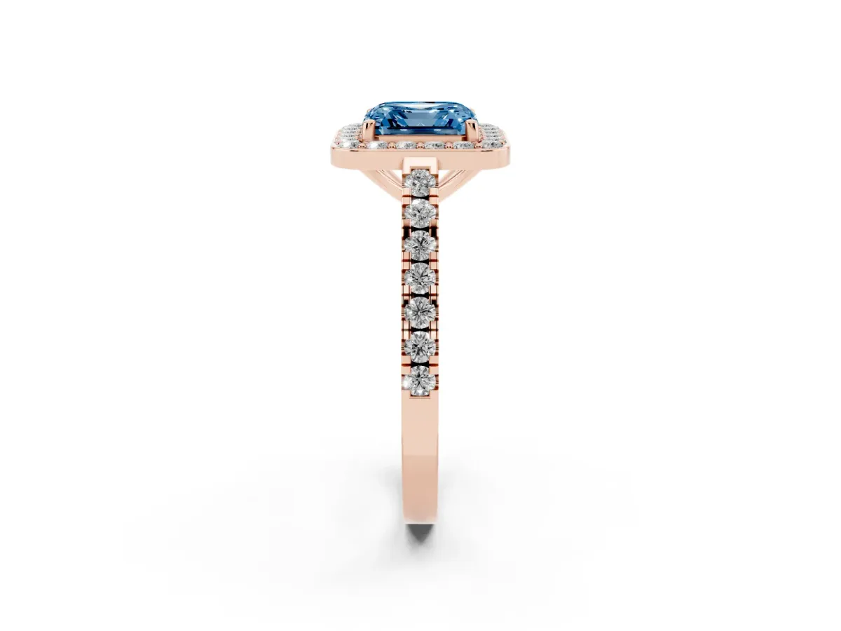 Fancy Blue Asscher Cut Diamond Halo Ring with Round Pavé Split Shank and Prong Setting Rose gold