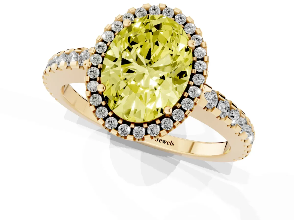 Fancy Yellow Oval Cut Diamond Halo Engagement Ring with Pavé Band and Prong Setting Yellow gold