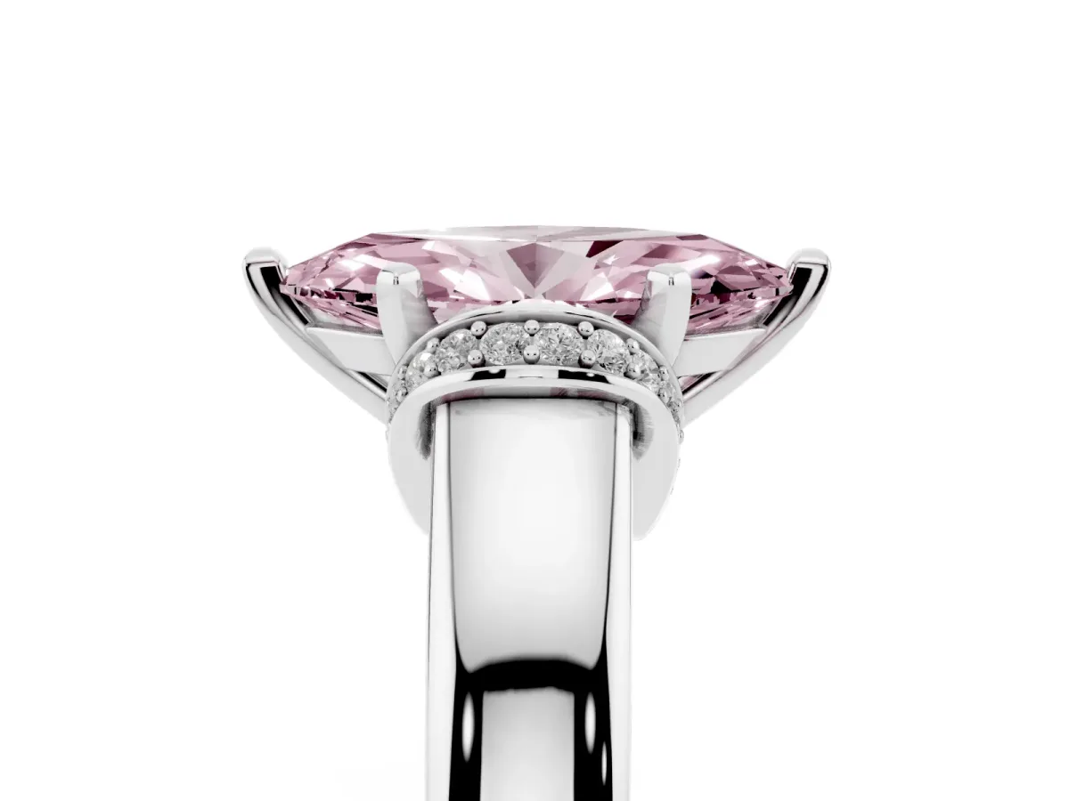 Fancy Pink Marquise Cut Solitaire Diamond Ring with Pave Band and Six-Prong Setting Platinum