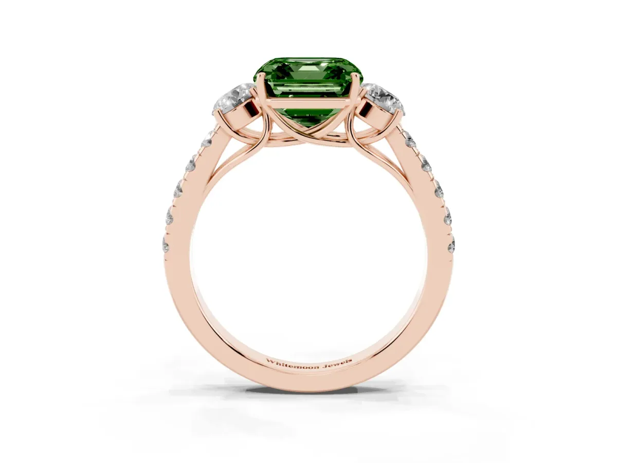 Fancy Green Asscher Cut Cut Diamond Three-Stone Ring with Round Side Stones and Pavé Band Rose gold