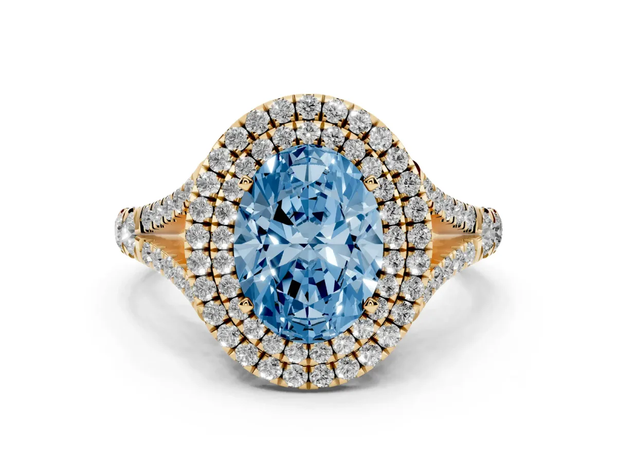 Fancy Blue Oval Cut Cut Double Halo Split Shank Diamond Ring with Prong Setting Yellow gold