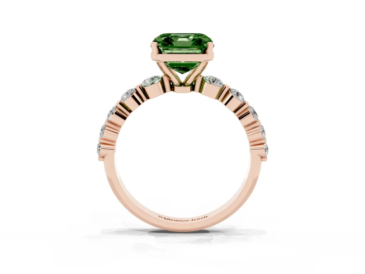 Fancy Green Asscher Cut Solitaire Diamond Ring with Pave Band and Four-Prong Setting Rose gold