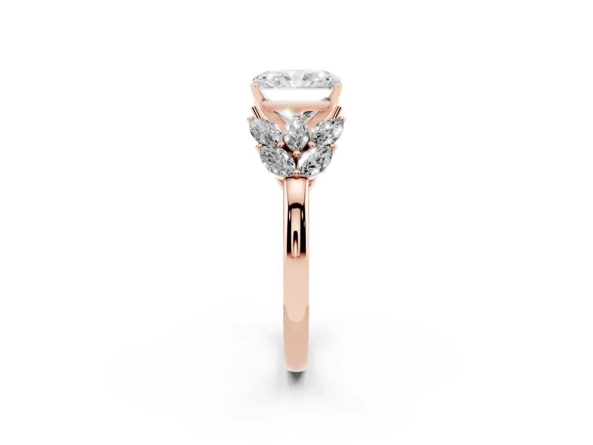 Radiant Cut Diamond Cluster Leaf Design Ring with Prong Setting Rose gold
