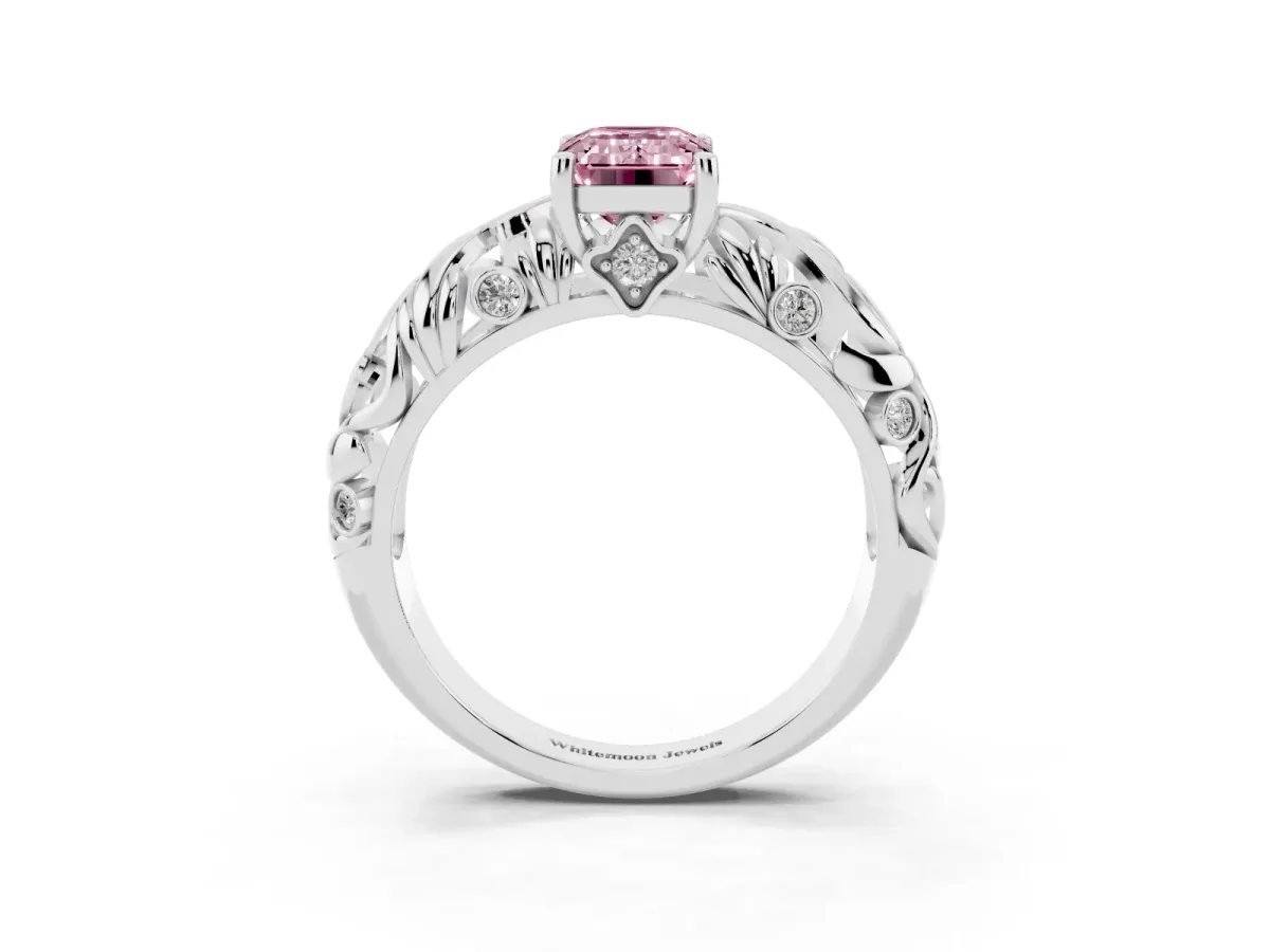 Fancy Pink Emerald Cut Solitaire Diamond Leaf-Inspired Vine Band Ring with Prong Setting Platinum