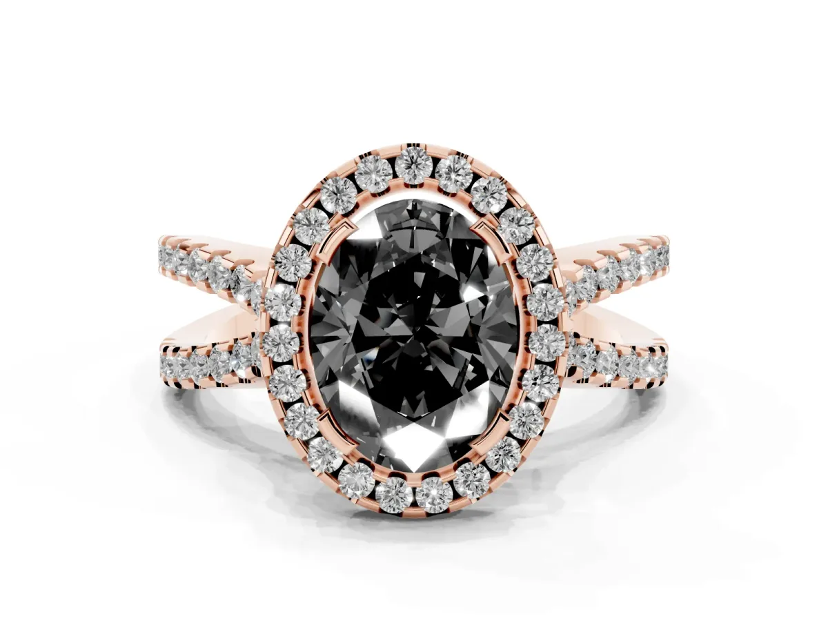 Fancy Black Oval Cut Diamond Halo Ring with Split Shank Pavé Band and Prong Setting Rose gold
