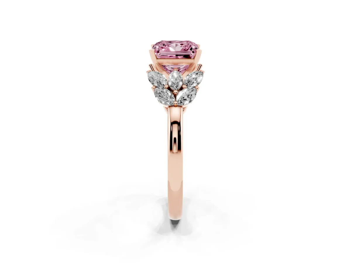 Fancy Pink Princess Cut Diamond Cluster Leaf Design Ring with Prong Setting Rose gold