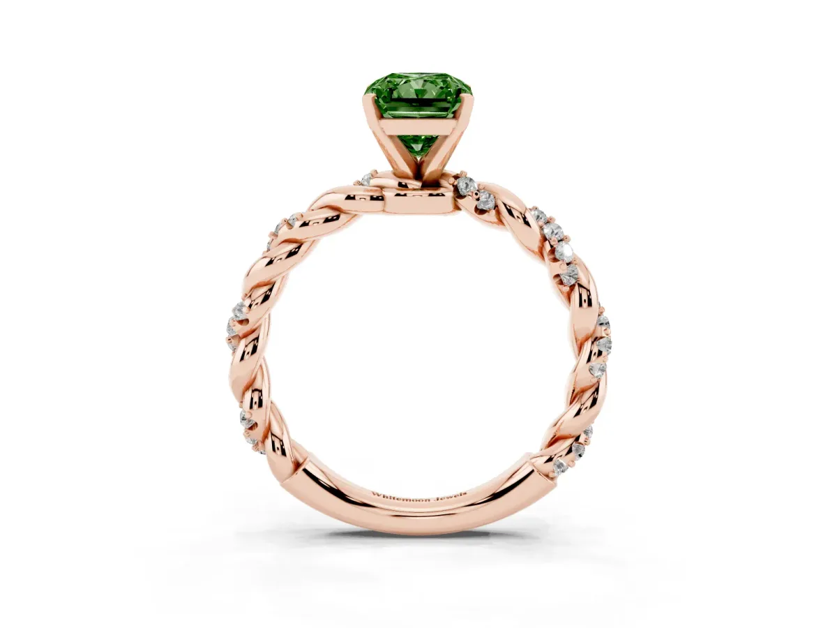 Fancy Green Radiant Cut Diamond Solitaire Ring with Twisted Band and Pavé Accents Rose gold