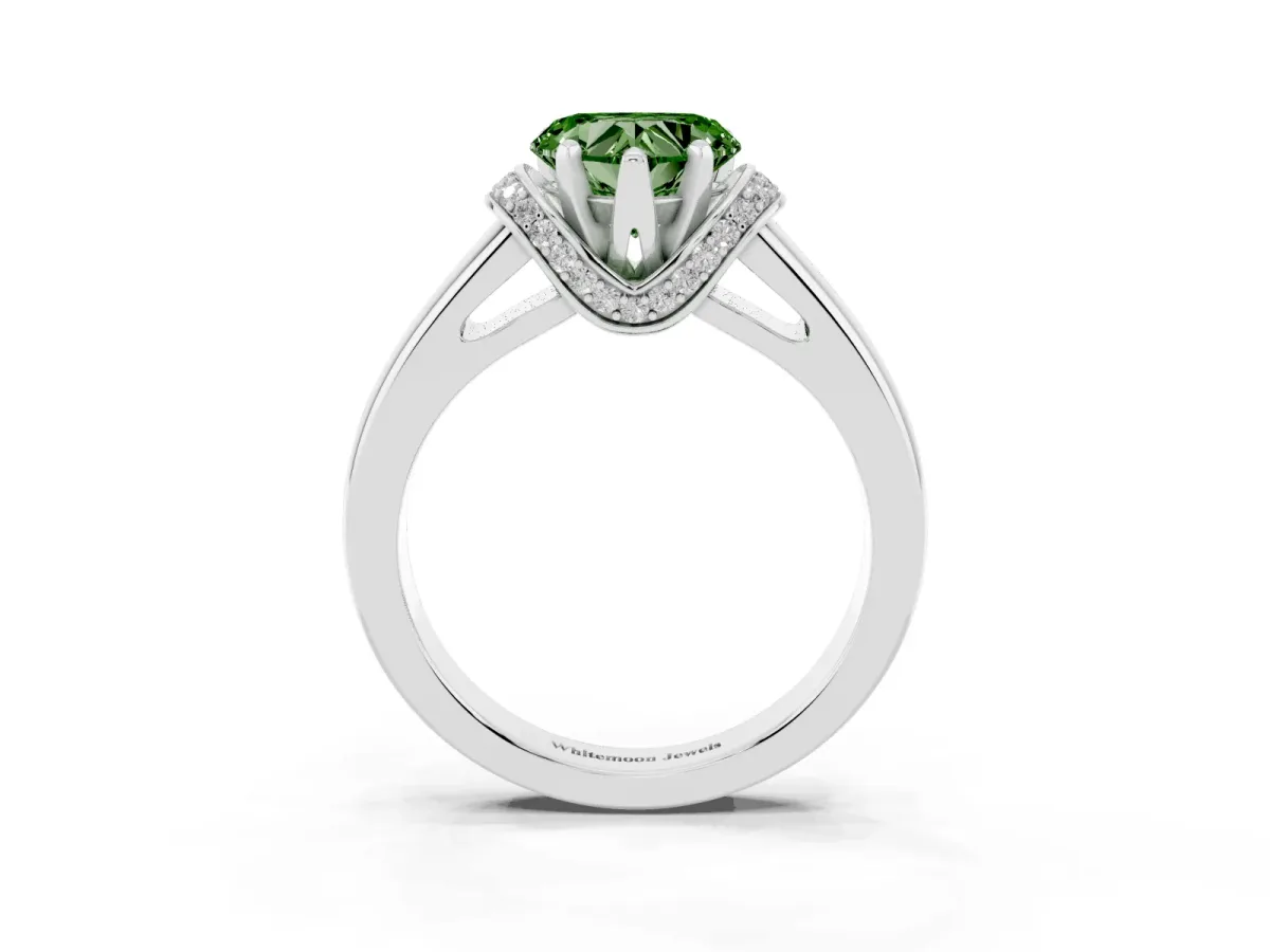 Fancy Green Heart Cut Solitaire Diamond Ring with Pave Band and Six-Prong Setting Platinum
