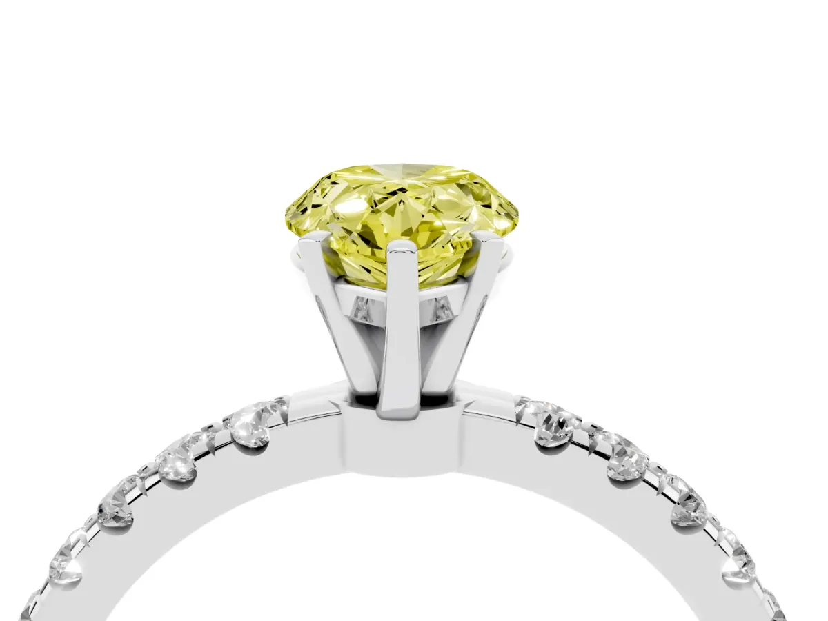 Fancy Yellow Pear Cut Diamond Solitaire Ring with Pavé Accents and Four-Prong Setting Silver