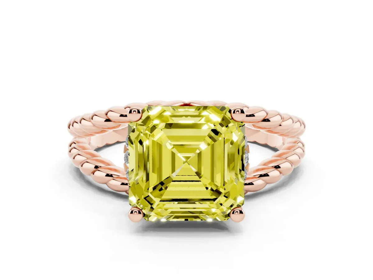 Fancy Yellow Asscher Cut Halo Twisted Band Four-Prong Ring Rose gold