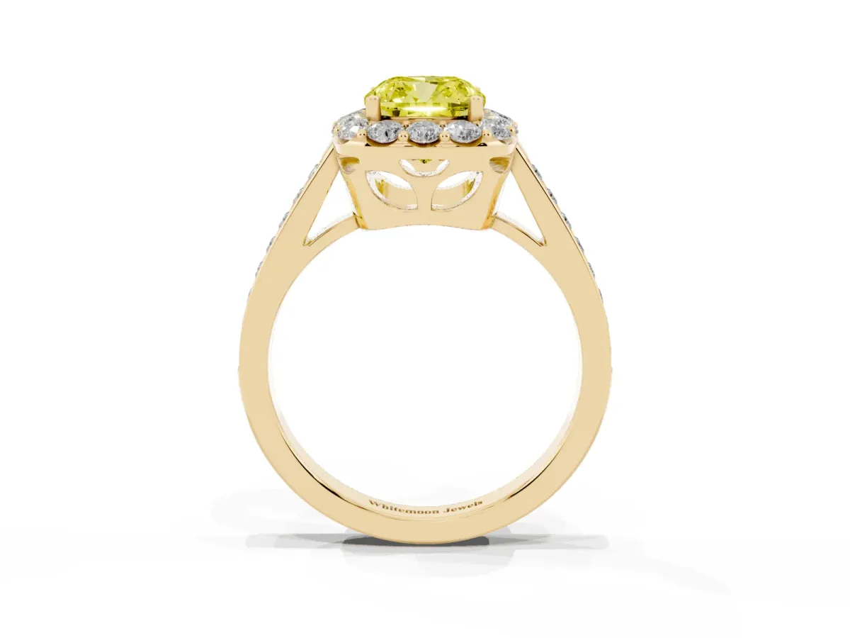 Fancy Yellow Cushion Cut Diamond Floral Halo Ring with Pavé Band and Prong Setting Yellow gold