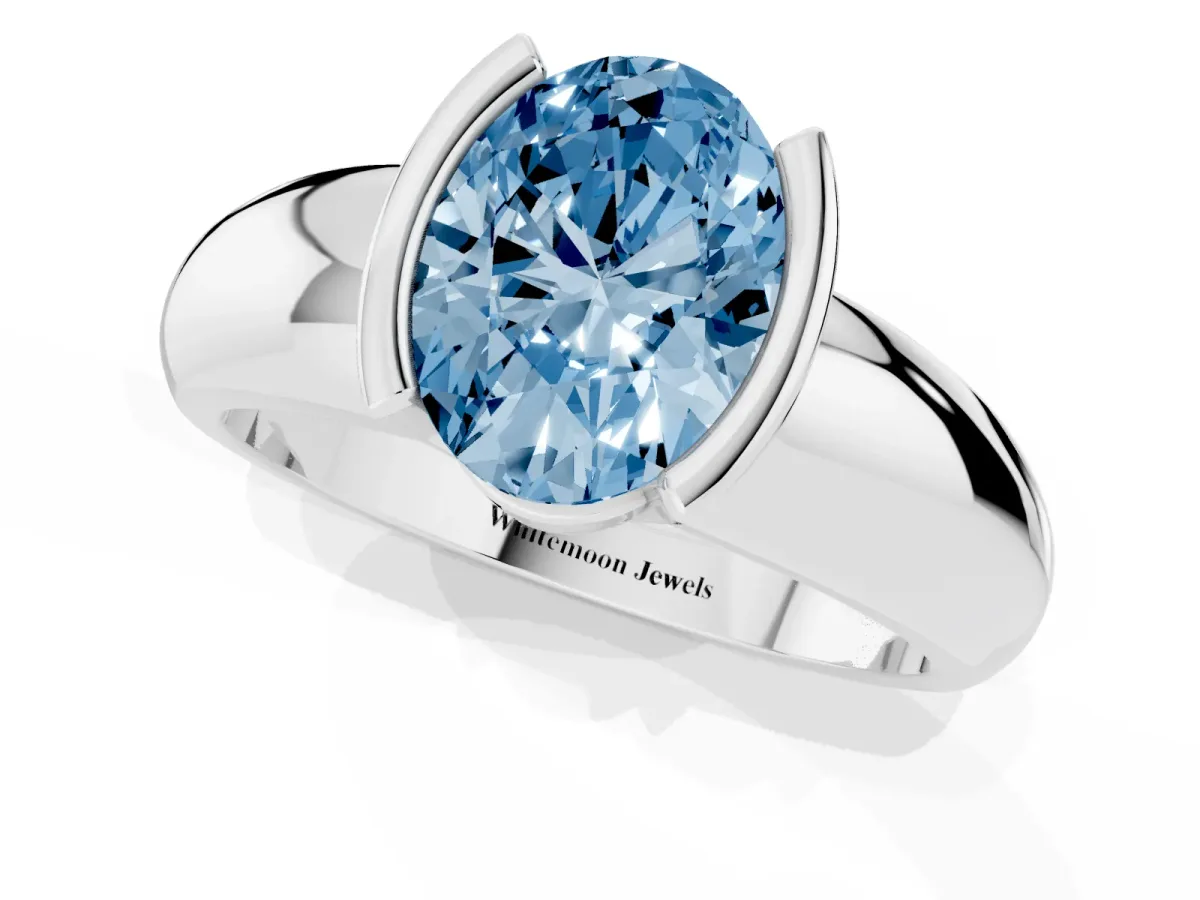 Fancy Blue Oval Cut Solitaire Tension Set Diamond Ring with Wide Band Silver