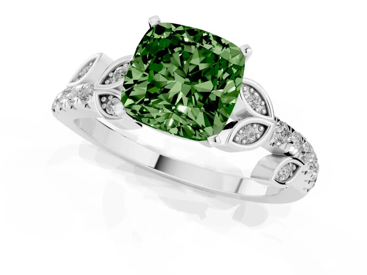 Fancy Green Cushion Cut Solitaire Leaf-Inspired Diamond Ring with Pavé Band and Four-Prong Setting Silver