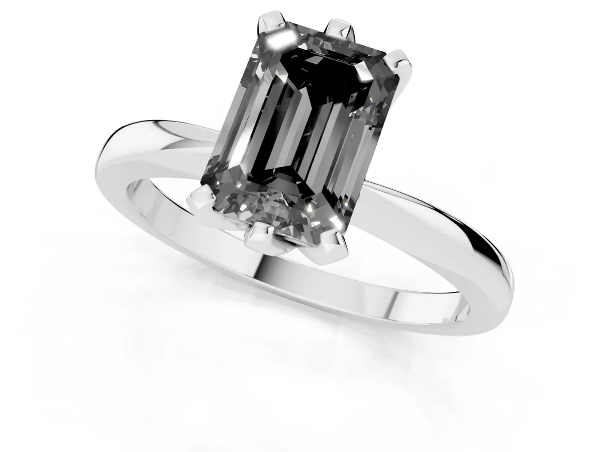 Fancy Black Emerald Cut Solitaire Engagement Ring with Six-Prong Setting and Tapered Band Silver