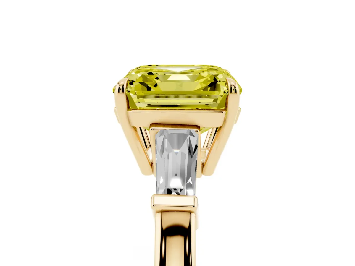 Fancy Yellow Asscher Cut Diamond Three-Stone Ring with Tapered Baguette Side Stones and Prong Setting Yellow gold