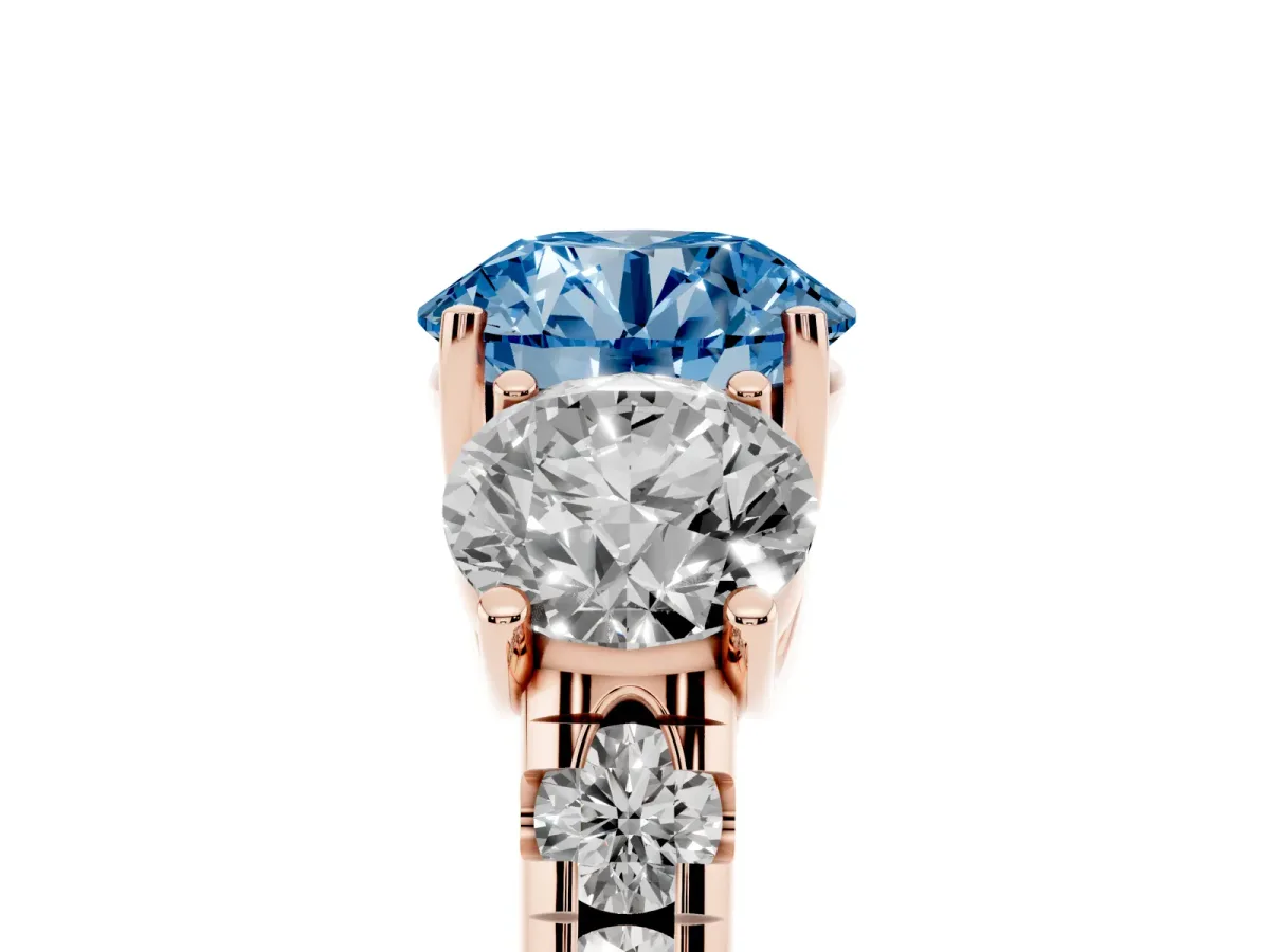 Fancy Blue Three-Stone Round Cut Diamond Pavé Band with Prong Setting Rose gold