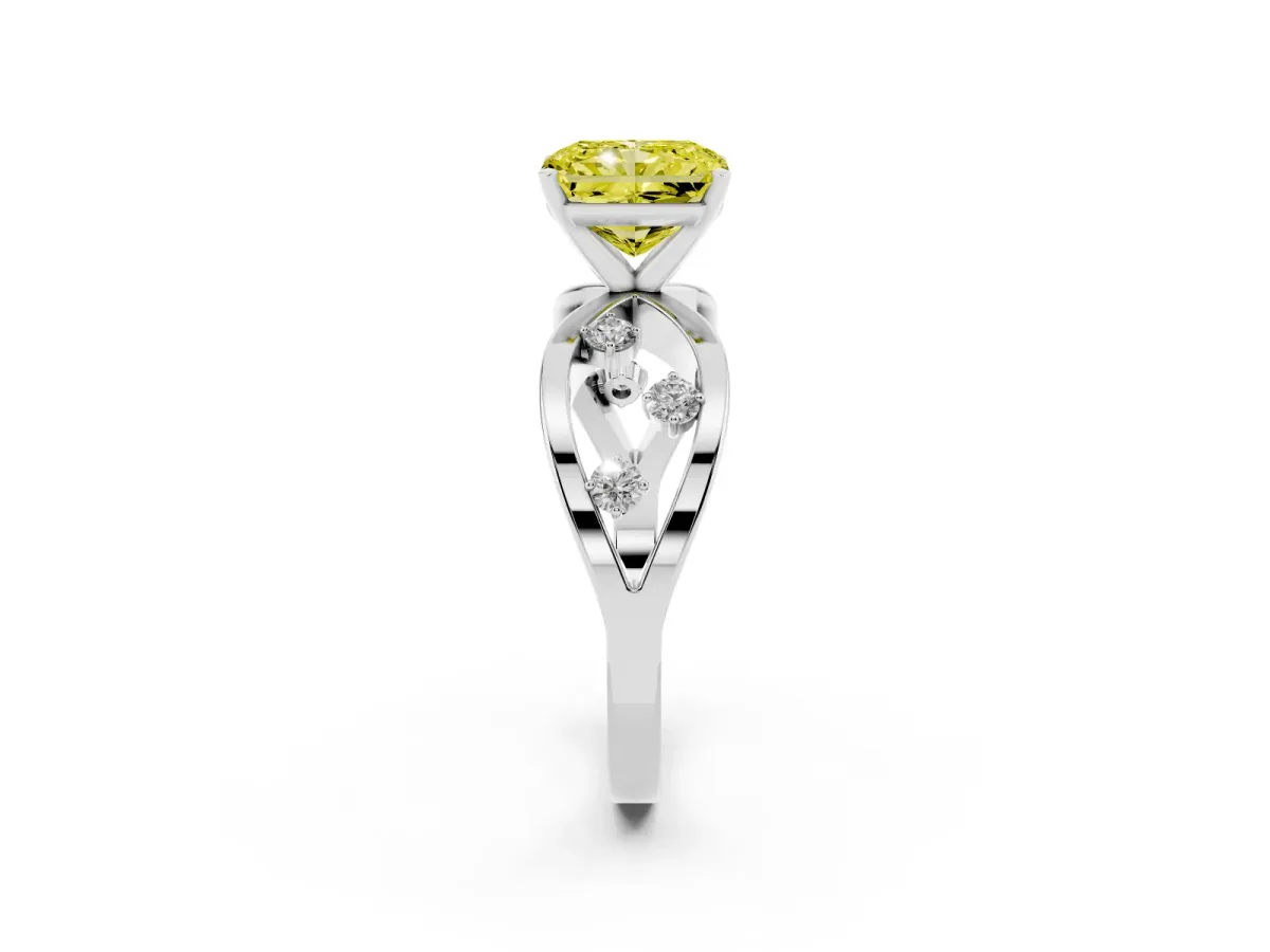 Fancy Yellow Radiant Cut Cut Solitaire Diamond with Side Stones on Criss-Cross Band and Four-Prong Setting Platinum
