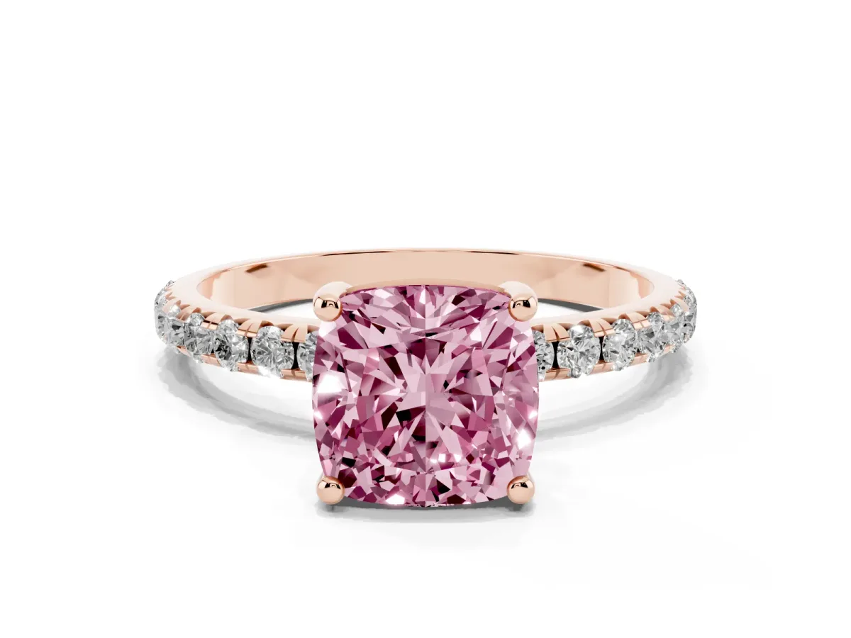 Fancy Pink Cushion Cut Cut Diamond Solitaire Ring with Micro Pave Band and Four Prong Setting Rose gold