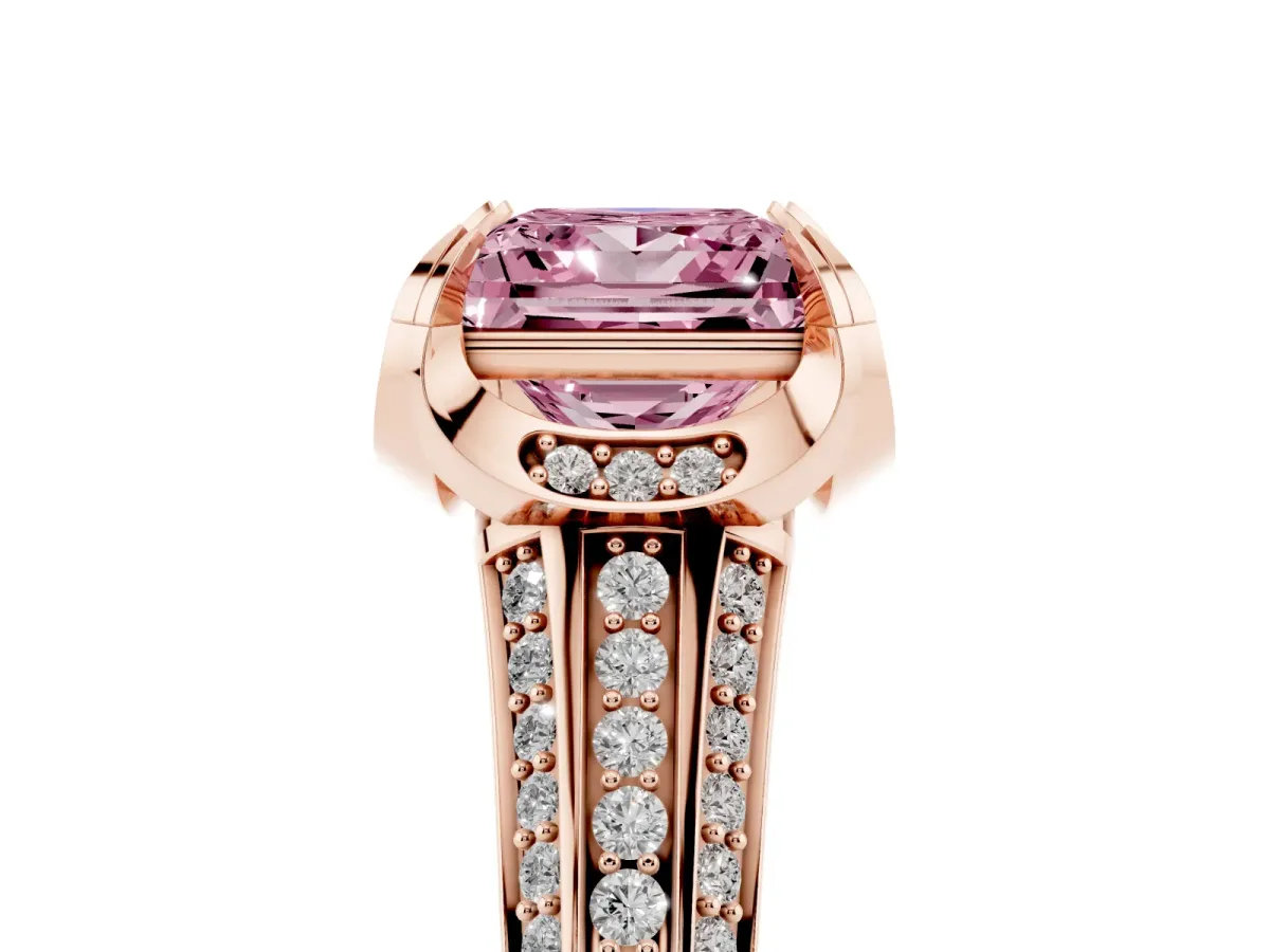 Fancy Pink Princess Cut Solitaire Pave Split Shank Ring with Four-Prong Setting Rose gold