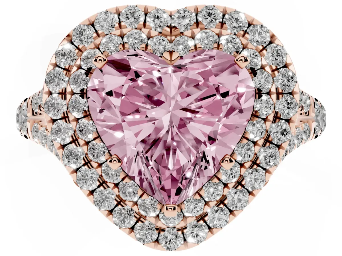 Fancy Pink Heart Cut Cut Double Halo Split Shank Diamond Ring with Prong Setting Rose gold
