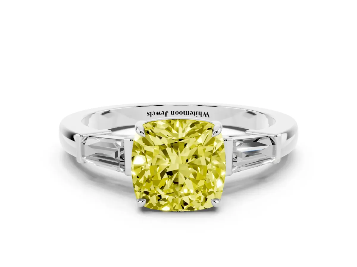 Fancy Yellow Cushion Cut Diamond Three-Stone Ring with Tapered Baguette Side Stones and Prong Setting Silver