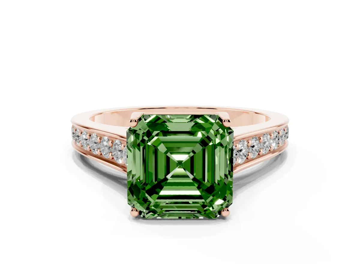 Fancy Green Asscher Cut Brilliant Cut Diamond Engagement Ring with Pavé Band and Four-Prong Setting Rose gold