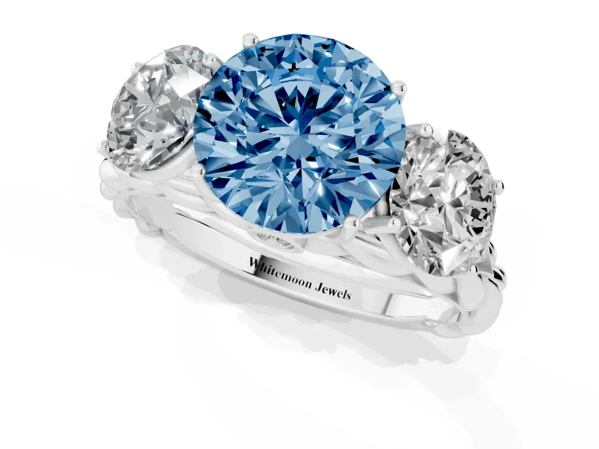 Fancy Blue Three-Stone Round Cut Diamond Braided Band Ring with Four-Prong Setting Platinum