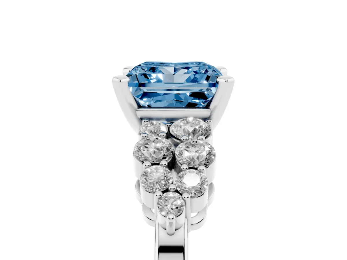 Fancy Blue Princess Cut Cluster Diamond Engagement Ring with Pavé Band and Four-Prong Setting Silver